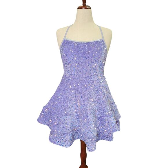 NWT Lilac Purple Halter Scoop Neck Sequin Short Dress - Picture 1 of 10